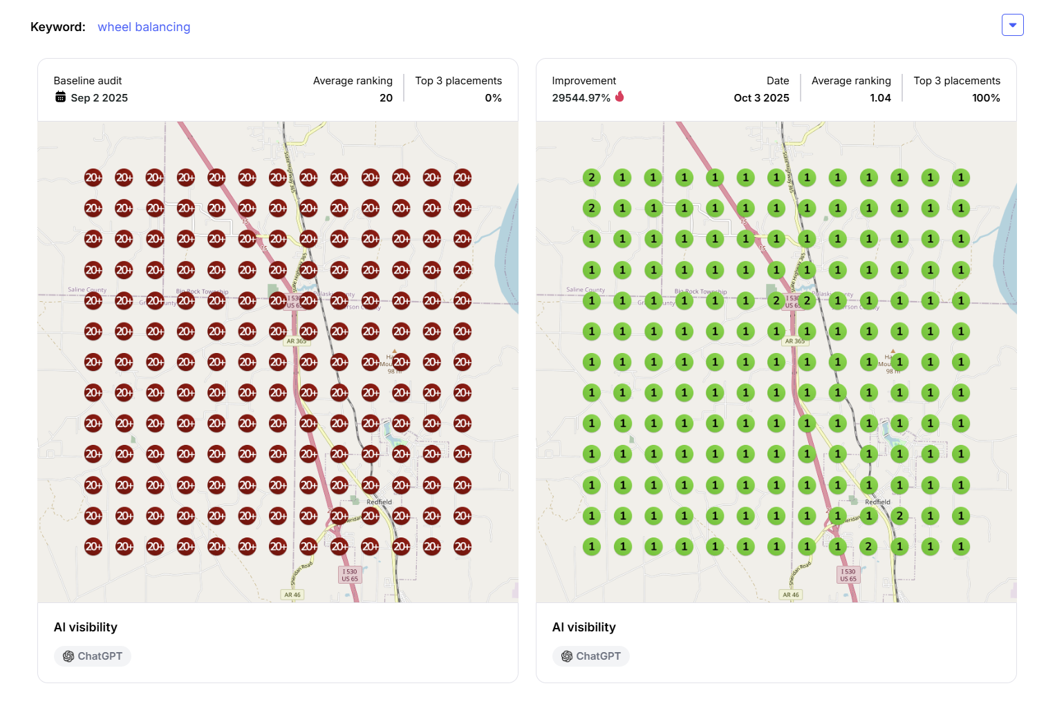 Webmonster's Google Business Profile optimization tool heatmap showing the over 29,500% increase in map rankings for a local business client.